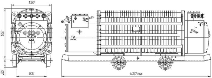Подстанция трансформаторная взрывобезопасная комплектная передвижная типа ТВКП-1000/6 габаритные размеры