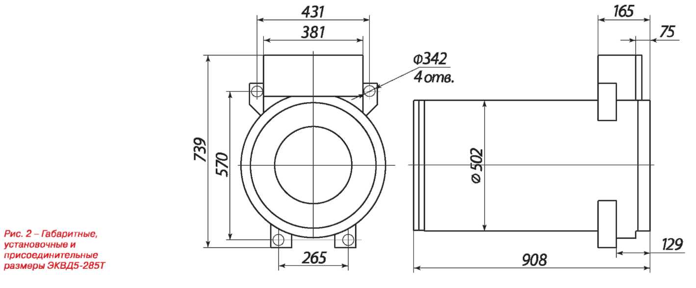 Габаритные, установочные  и присоединительные размеры ЭКВД5-285Т