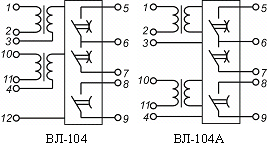 Схемы подключений и расположения выводов ВЛ-104, ВЛ-104А